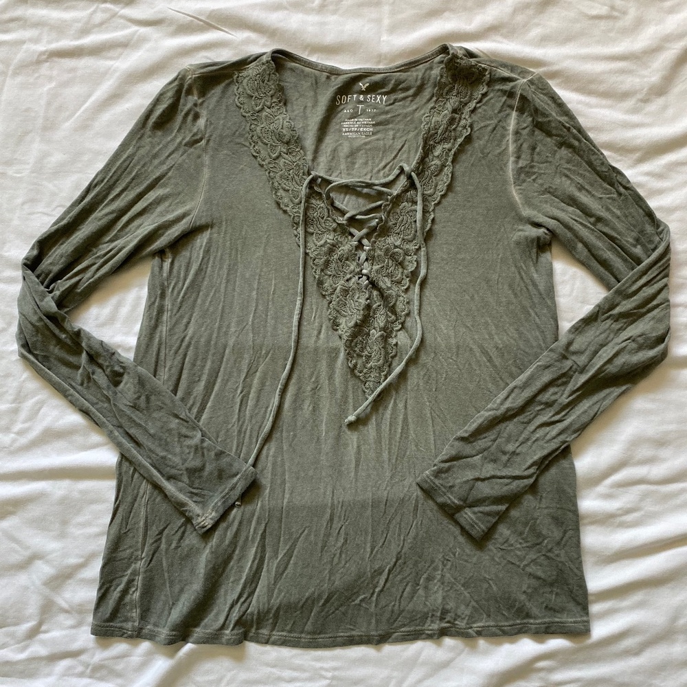 AE Soft and Sexy Lace Crisscross V-Neck Long Sleeve Shirt